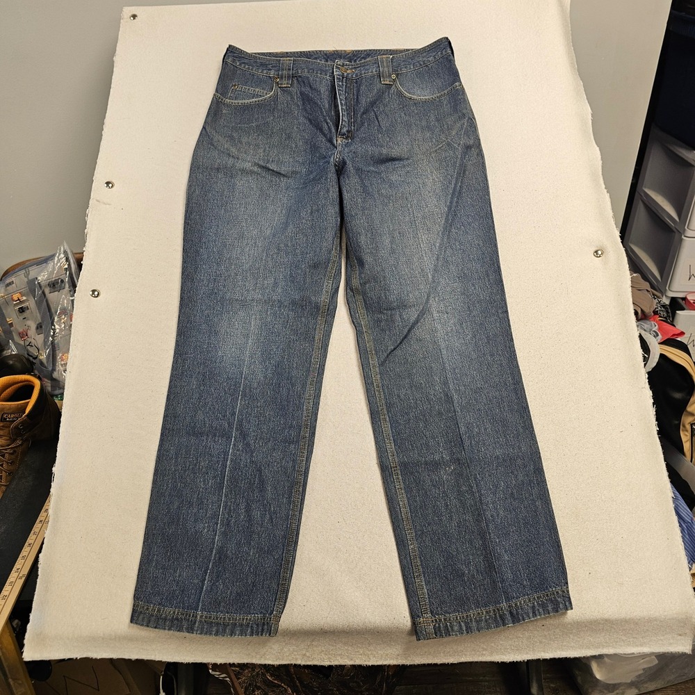 Duluth Trading Co Mens Blue Denim Work Pants Hammer Loop Canvas Hem 16x33